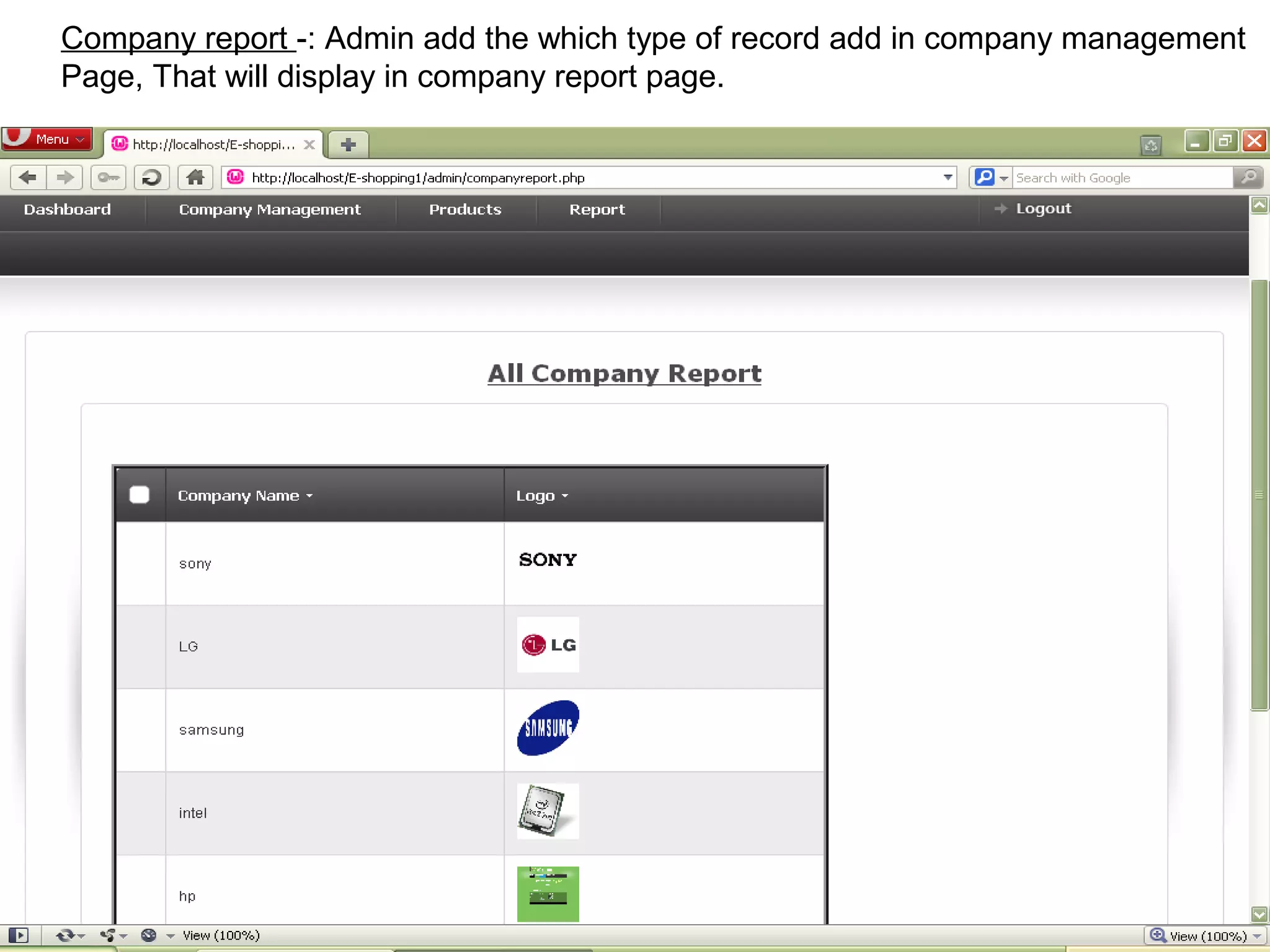 Company report -: Admin add the which type of record add in company management
Page, That will display in company report page.




                                                                        27
 