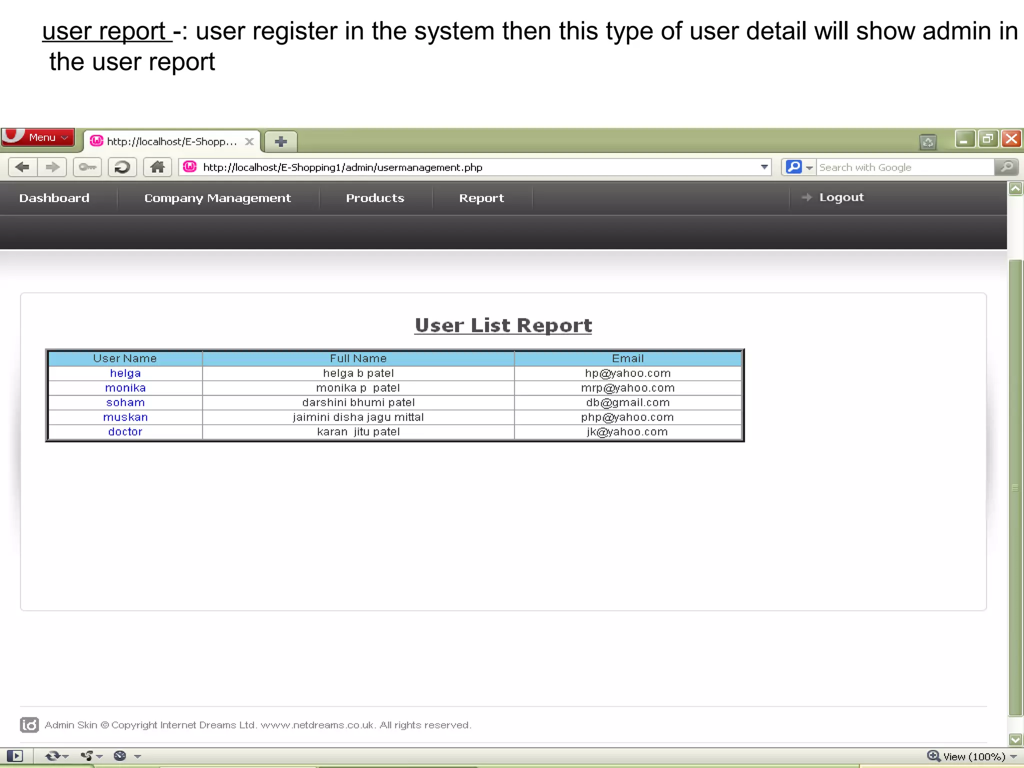 user report -: user register in the system then this type of user detail will show admin in
 the user report




                                                                                   30
 