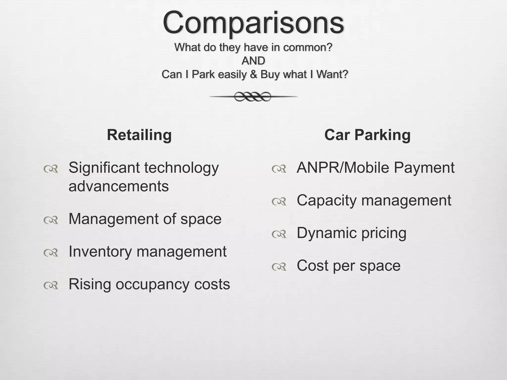 Comparisons
What do they have in common?
AND
Can I Park easily & Buy what I Want?
Retailing Car Parking
Significant technology ANPR/Mobile Payment
advancements
Capacity management
Management of space
Dynamic pricing
Inventory management
Cost per space
Rising occupancy costs