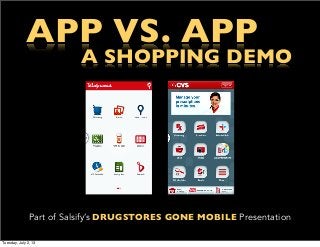 APP VS. APP
A SHOPPING DEMO
Part of Salsify’s DRUGSTORES GONE MOBILE Presentation
Tuesday, July 2, 13
 