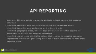 API REPORTING
U s e d o v e r 2 0 0 d a t a p o i n t s t o p r o p e r l y a t t r i b u t e i n d i r e c t s a l e s t o t h e s h o p p i n g
c a m p a i g n .
I d e n t i f i e d i t e m s t h a t w e r e u n d e r p e r f o r m i n g a n d t o o k i m m e d i a t e a c t i o n .
I d e n t i f i e d i t e m s t h a t w e r e p e r f o r m i n g w e l l t o b o o s t t r a f f i c .
I d e n t i f i e d g e o g r a p h i c a r e a s , t i m e s o f d a y s a n d d a y s o f w e e k t h a t a c q u i r e b i d
a d j u s t m e n t f o r e a c h o f o u r s h o p p i n g c a m p a i g n s .
I d e n t i f i e d s e a r c h t e r m s w i t h t r a f f i c v o l u m e t h a t r e s u l t e d i n s h o p p i n g c a m p a i g n
i m p r e s s i o n s t h a t w e r e n ' t g e n e r a t i n g d i r e c t n o r i n d i r e c t c o n v e r s i o n s t o m a k e t h e m
n e g a t i v e t e r m s .
 