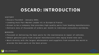 H I S T O R Y
O s c a r o F o u n d e d - J a n u a r y 2 0 0 1 .
L e a d i n g A u t o P a r t M a r k e t L e a d e r # 1 i n E u r o p e & F r a n c e .
G r o w n t o b e a c o m p a n y t h a t p r o v i d e s h i g h q u a l i t y p a r t s f r o m l e a d i n g m a n u f a c t u r e r s .
D e l i v e r s t e n s o f t h o u s a n d s o f o r d e r s p e r m o n t h t o i n d i v i d u a l c o n s u m e r s w o r l d w i d e .
M I S S I O N
F o c u s e d o n d e l i v e r i n g t h e b e s t p a r t s f o r t h e m a i n t e n a n c e & r e p a i r o f v e h i c l e s .
O b t a i n g e n u i n e p a r t s f r o m o r i g i n a l m a n u f a c t u r e r s w h o e q u i p b r a n d n e w c a r s .
W o r k d i r e c t l y w i t h t h e l a r g e s t w h o l e s a l e r s a n d s u p p l i e r s f r o m a r o u n d t h e w o r l d t o
p r o v i d e t h e b e s t p a r t s a t t h e b e s t p r i c e s .
OSCARO: INTRODUCTION
 