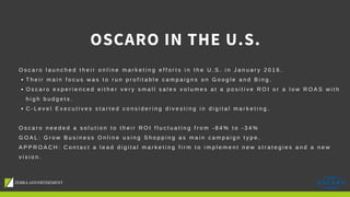 O s c a r o l a u n c h e d t h e i r o n l i n e m a r k e t i n g e f f o r t s i n t h e U . S . i n J a n u a r y 2 0 1 6 .
T h e i r m a i n f o c u s w a s t o r u n p r o f i t a b l e c a m p a i g n s o n G o o g l e a n d B i n g .
O s c a r o e x p e r i e n c e d e i t h e r v e r y s m a l l s a l e s v o l u m e s a t a p o s i t i v e R O I o r a l o w R O A S w i t h
h i g h b u d g e t s .
C - L e v e l E x e c u t i v e s s t a r t e d c o n s i d e r i n g d i v e s t i n g i n d i g i t a l m a r k e t i n g .
O s c a r o n e e d e d a s o l u t i o n t o t h e i r R O I f l u c t u a t i n g f r o m - 8 4 % t o - 3 4 %
G O A L : G r o w B u s i n e s s O n l i n e u s i n g S h o p p i n g a s m a i n c a m p a i g n t y p e .
A P P R O A C H : C o n t a c t a l e a d d i g i t a l m a r k e t i n g f i r m t o i m p l e m e n t n e w s t r a t e g i e s a n d a n e w
v i s i o n .
OSCARO IN THE U.S.
 