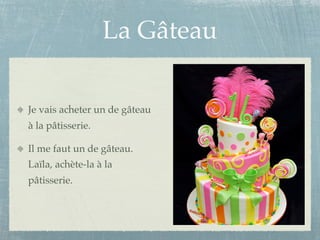 La Gâteau

Je vais acheter un de gâteau
à la pâtisserie.

Il me faut un de gâteau.
Laïla, achète-la à la
pâtisserie.
 