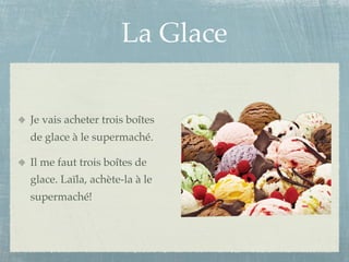 La Glace

Je vais acheter trois boîtes
de glace à le supermaché.

Il me faut trois boîtes de
glace. Laïla, achète-la à le
supermaché!
 
