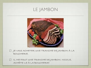 LE JAMBON




JE VAIS ACHETER UNE TRANCHE DE JAMBON À LA
BOUCHERIE.

IL ME FAUT UNE TRANCHE DE JAMBON. NICOLE,
ACHÈTE-LE À LA BOUCHERIE!
 