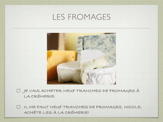 LES FROMAGES




JE VAIS ACHETER NEUF TRANCHES DE FROMAGES À
LA CRÉMERIE.

IL ME FAUT NEUF TRANCHES DE FROMAGES. NICOLE,
ACHÈTE-LES À LA CRÉMERIE!
 