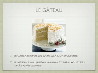 LE GÂTEAU




JE VAIS ACHETER UN GÂTEAU À LA PÂTISSERIE.

IL ME FAUT UN GÂTEAU. MAMAN ET PAPA, ACHETEZ-
LE À LA PÂTISSERIE!
 