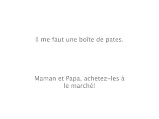 Il me faut une boîte de pates.




Maman et Papa, achetez-les à
        le marché!
 