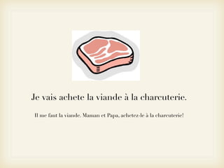 Je vais achete la viande à la charcuterie.
Il me faut la viande. Maman et Papa, achetez-le à la charcuterie!
 