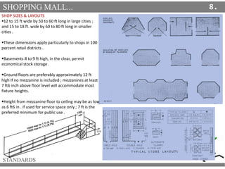 SHOPPING MALL...
STANDARDS
8.
SHOP SIZES & LAYOUTS
12 to 15 ft wide by 50 to 60 ft long in large cities ;
and 15 to 18 ft...