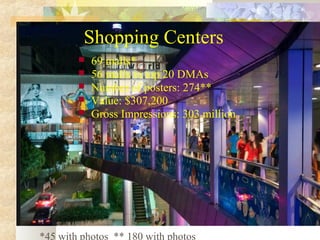 Shopping Centers






69 malls*
56 malls in top 20 DMAs
Number of posters: 274**
Value: $307,200
Gross Impressions: 303 million

*45 with photos ** 180 with photos

 