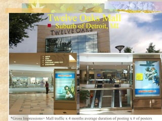 Twelve Oaks Mall



Suburb of Detroit, MI

*Gross Impressions= Mall traffic x 4 months average duration of posting x # of...