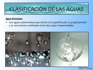 CLASIFICACIÓN DE LAS AGUAS
Agua Artesiana
• Son aguas subterráneas que aforan a la superficie por su propia presión
y se encuentran confinadas entre dos capas impermeables.

 