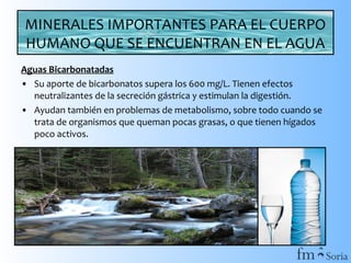 MINERALES IMPORTANTES PARA EL CUERPO
HUMANO QUE SE ENCUENTRAN EN EL AGUA
Aguas Bicarbonatadas
• Su aporte de bicarbonatos supera los 600 mg/L. Tienen efectos
neutralizantes de la secreción gástrica y estimulan la digestión.
• Ayudan también en problemas de metabolismo, sobre todo cuando se
trata de organismos que queman pocas grasas, o que tienen hígados
poco activos.

 