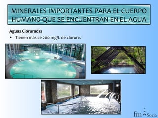 MINERALES IMPORTANTES PARA EL CUERPO
HUMANO QUE SE ENCUENTRAN EN EL AGUA
Aguas Cloruradas
• Tienen más de 200 mg/L de cloruro.

 