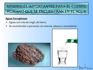 MINERALES IMPORTANTES PARA EL CUERPO
HUMANO QUE SE ENCUENTRAN EN EL AGUA
Aguas Ferruginosas
• Aguas con más de 1mg/L de hierro.
• Se recomiendan a personas con anemia, obesos y reumatismo.

 
