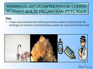 MINERALES IMPORTANTES PARA EL CUERPO
HUMANO QUE SE ENCUENTRAN EN EL AGUA
Flúor
• A baja concentración tiene efecto preventivo sobre la caries dental. Sin
embargo, en mayores concentraciones, puede ser causa de fluorosis ósea.

 