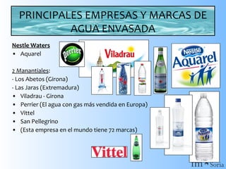 PRINCIPALES EMPRESAS Y MARCAS DE
AGUA ENVASADA
Nestle Waters
• Aquarel
2 Manantiales:
- Los Abetos (Girona)
- Las Jaras (Extremadura)
• Viladrau - Girona
• Perrier (El agua con gas más vendida en Europa)
• Vittel
• San Pellegrino
• (Esta empresa en el mundo tiene 72 marcas)

 