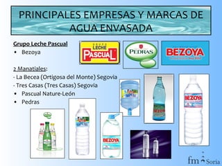 PRINCIPALES EMPRESAS Y MARCAS DE
AGUA ENVASADA
Grupo Leche Pascual
• Bezoya
2 Manatiales:
- La Becea (Ortigosa del Monte) Segovia
- Tres Casas (Tres Casas) Segovia
• Pascual Nature-León
• Pedras

 