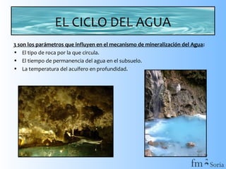 EL CICLO DEL AGUA
3 son los parámetros que influyen en el mecanismo de mineralización del Agua:
• El tipo de roca por la que circula.
• El tiempo de permanencia del agua en el subsuelo.
• La temperatura del acuífero en profundidad.

 