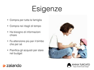 Esigenze
• Compra per tutta la famiglia
• Compra nei ritagli di tempo
• Ha bisogno di informazioni
chiare
• Fa attenzione più per il bimbo
che per sé
• Pianiﬁca gli acquisti per stare
nel budget
 