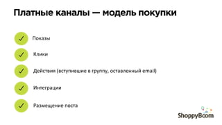 Платные каналы — модель покупки	
  
Показы	
  
Клики	
  
Действия	
  (вступившие	
  в	
  группу,	
  оставленный	
  email)	
  
Интеграции	
  
Размещение	
  поста	
  
 
