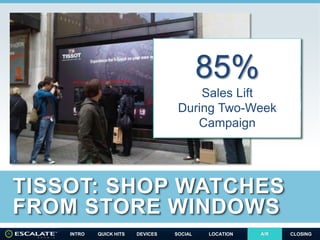 INTRO QUICK HITS DEVICES SOCIAL A/R CLOSINGLOCATION
TISSOT: SHOP WATCHES
FROM STORE WINDOWS
A/R
85%
Sales Lift
During Two-...
