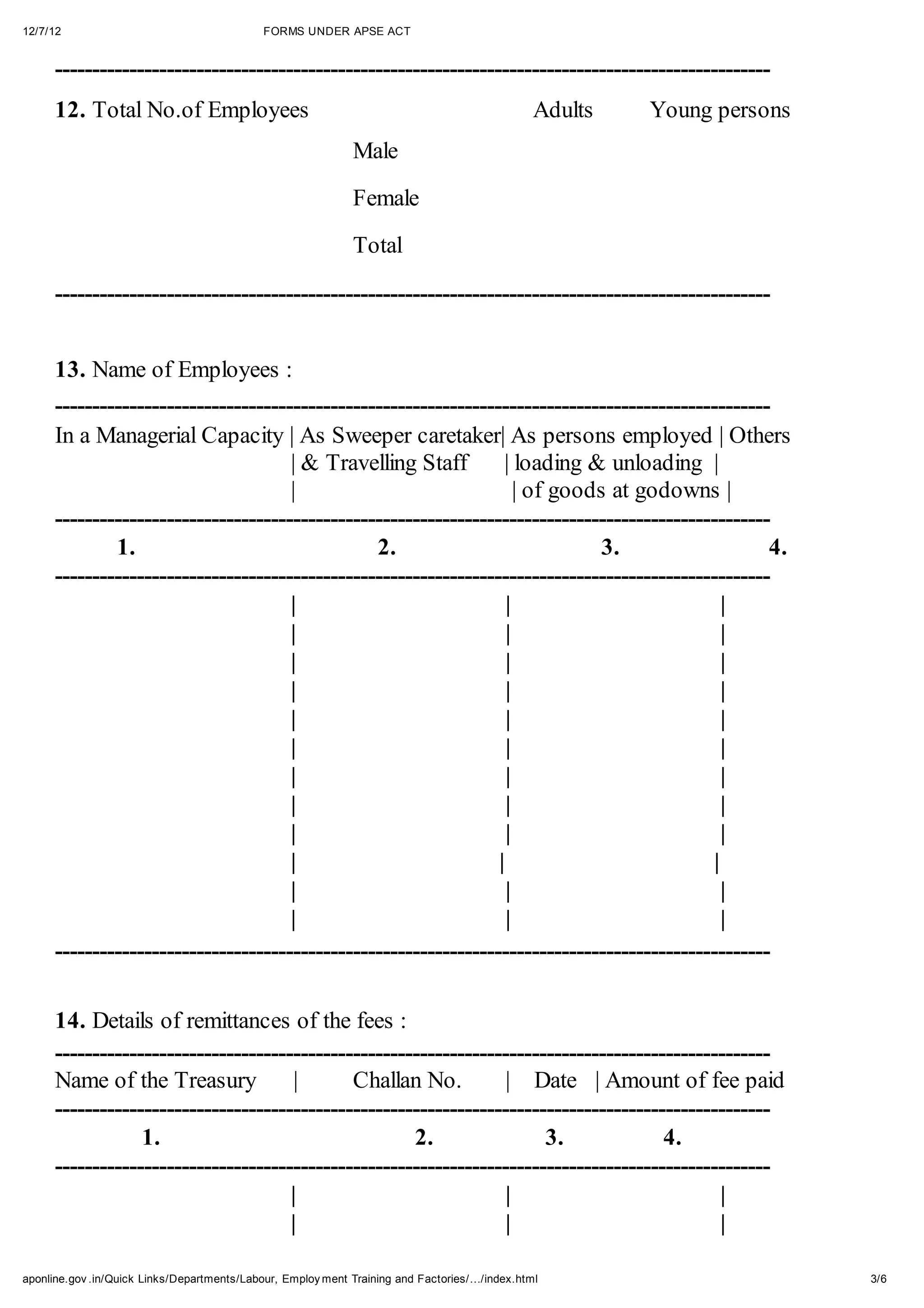 12/7/12                                     FORMS UNDER APSE ACT


      ------------------------------------------------------------------------------------------------
      12. Total No.of Employees                                                                Adults   Young persons
                                                             Male

                                                             Female

                                                             Total

      ------------------------------------------------------------------------------------------------


      13. Name of Employees :
      ------------------------------------------------------------------------------------------------
      In a Managerial Capacity | As Sweeper caretaker| As persons employed | Others
                                      | & Travelling Staff         | loading & unloading |
                                      |                               | of goods at godowns |
      ------------------------------------------------------------------------------------------------
              1.                                 2.                             3.                    4.
      ------------------------------------------------------------------------------------------------
                                      |                             |                            |
                                      |                             |                            |
                                      |                             |                            |
                                      |                             |                            |
                                      |                             |                            |
                                      |                             |                            |
                                      |                             |                            |
                                      |                             |                            |
                                      |                             |                            |
                                      |                           |                            |
                                      |                             |                            |
                                      |                             |                            |
      ------------------------------------------------------------------------------------------------

      14. Details of remittances of the fees :
      ------------------------------------------------------------------------------------------------
      Name of the Treasury            |       Challan No.          | Date | Amount of fee paid
      ------------------------------------------------------------------------------------------------
                  1.                                  2.                3.              4.
      ------------------------------------------------------------------------------------------------
                                      |                            |                           |
                                      |                            |                           |

aponline.gov .in/Quick Links/Departments/Labour, Employ ment Training and Factories/…/index.html                        3/6
 