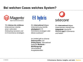 Bei welchen Cases welches System?




  “Ein kleines bis mittleres   Ein international tätiges       . international tätiges
                                                               Ein
  Unternehmen möchte           Unternehmung möchte             Unternehmen möchte eine
  einen nationalen             strategisch in E-               integrierte Lösung für
  Onlineshop lancieren und     Commerce einsteigen oder        Website und E-Commerce
  in E-Commerce einsteigen.    dieses ausbauen”                und haben.


                               Im Umfeld gibt es diverse
                               Datenquellen und
                               Drittsysteme. International
                               bedeutet Mulitsite /
                               Multilangunge
                               Verschiedene
                               Ausgabekanälen




01.09.2012                                           E-Commerce. Namics. Insights. und mehr. Namics.
 