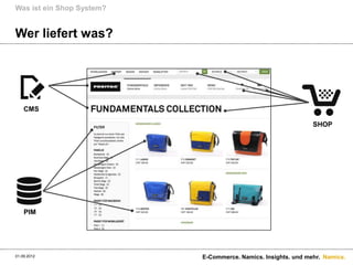 Was ist ein Shop System?


Wer liefert was?




    CMS

                                                               SHOP




    PIM




01.09.2012                 E-Commerce. Namics. Insights. und mehr. Namics.
 