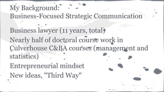 My Background:
Business-Focused Strategic Communication
Business lawyer (11 years, total)
Nearly half of doctoral course w...