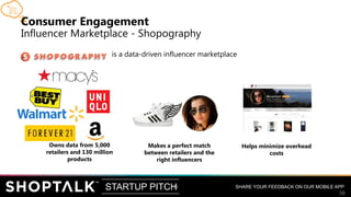 SHARE YOUR FEEDBACK ON OUR MOBILE APPSTARTUP PITCH
38
38
Consumer Engagement
Influencer Marketplace - Shopography
Owns dat...