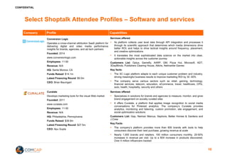 CONFIDENTIAL
Select Shoptalk Attendee Profiles – Software and services
Company Profile Capabilities
Conversion Logic
Operates a cross-channel attribution SaaS platform for
delivering digital and video media performance
insights for brands, agencies, and ad tech partners
Founded: 2014
www.conversionlogic.com
Employees: 11-50
Revenue: N/A
HQ: Santa Monica, CA
Funds Raised: $14.1m
Latest Financing Round: $9.0m
CEO: Brian Baumgart
Services offered:
§ Its platform collects user level data through API integration and processes it
through its scientific approach that determines which media dimensions drive
better ROI; and helps to drive tactical insights around frequency, placement,
and creative optimizations
§ It translates the most sophisticated data science on the market into clear,
actionable insights across the customer journey
Customers List: Optus, Gamefly, AARP, GM, Pizza Hut, Microsoft, ADT,
3DayBlinds, Publishers Clearing House, Atkins, Netmarble Games
Key facts:
§ The XC Logic platform adapts to each unique customer problem and industry,
driving meaningful business results to improve marketing ROI by 30 -50%
§ The company serve various sectors such as retail, gaming, technology,
financial services, telecom, education, eCommerce, travel, healthcare, CPG,
auto, health, hospitality, security and others
Curalate
Develops marketing tools for the visual Web market
Founded: 2011
www.curalate.com
Employees: 11-50
Revenue: N/A
HQ: Philadelphia, Pennsylvania
Funds Raised: $39.9m
Latest Financing Round: $27.5m
CEO: Apu Gupta
Services offered:
§ Specializes in solutions for brands and agencies to measure, monitor, and grow
brand engagement on socially curated sites
§ It offers Curalate, a platform that applies image recognition to social media
conversations for Pinterest analytics. The company’s Curalate provides
analytics, monitoring and listening, custom promotion, site engagement, and
social optimization solutions
Customers List: Gap, Neiman Marcus, Sephora, Better Homes & Gardens and
J.Crew
Key Facts:
§ The company’s platform provides more than 800 brands with tools to help
consumers discover their next purchase, growing revenue at scale
§ Nearly 1,000 brands and retailers. 100 million consumers monthly. 20-50%
increases in revenue per visit. Up to a 60X increase in products discovered.
Over 4 million influencers tracked
10
 