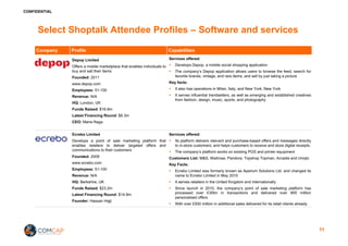 CONFIDENTIAL
Select Shoptalk Attendee Profiles – Software and services
Company Profile Capabilities
Depop Limited
Offers a mobile marketplace that enables individuals to
buy and sell their items
Founded: 2011
www.depop.com
Employees: 51-100
Revenue: N/A
HQ: London, UK
Funds Raised: $16.8m
Latest Financing Round: $8.3m
CEO: Maria Raga
Services offered:
§ Develops Depop, a mobile social shopping application
§ The company’s Depop application allows users to browse the feed; search for
favorite brands, vintage, and rare items; and sell by just taking a picture
Key facts:
§ It also has operations in Milan, Italy; and New York, New York
§ It serves influential trendsetters, as well as emerging and established creatives
from fashion, design, music, sports, and photography
Ecrebo Limited
Develops a point of sale marketing platform that
enables retailers to deliver targeted offers and
communications to their customers
Founded: 2009
www.ecrebo.com
Employees: 51-100
Revenue: N/A
HQ: Berkshire, UK
Funds Raised: $23.2m
Latest Financing Round: $14.9m
Founder: Hassan Hajji
Services offered:
§ Its platform delivers relevant and purchase-based offers and messages directly
to in-store customers; and helps customers to receive and store digital receipts.
§ The company’s platform works on existing POS and printer equipment
Customers List: M&S, Waitrose, Pandora, Topshop Topman, Arcadia and Uniqlo
Key Facts:
§ Ecrebo Limited was formerly known as Aperium Solutions Ltd. and changed its
name to Ecrebo Limited in May 2010
§ It serves retailers in the United Kingdom and internationally
§ Since launch in 2010, the company’s point of sale marketing platform has
processed over £30bn in transactions and delivered over 800 million
personalised offers
§ With over £500 million in additional sales delivered for its retail clients already
11
 