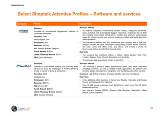 CONFIDENTIAL
Select Shoptalk Attendee Profiles – Software and services
Company Profile Capabilities
Selligent
Provides an omnichannel engagement platform to
customers worldwide
Founded: 1990
www.selligent.com
Employees: 90+
Revenue: $30.5m
HQ: Walloon Brabant, Belgium
Funds Raised: $13.8m
Latest Financing Round: $5.3m
CEO: John Hernandez
Services offered:
§ Its platform integrates online/offline contact history, configures workflows,
tracks activities, and automatically triggers responses; enables to rely on ESP
and scalable cloud-based infrastructure; creates and optimizes personalized
pages for various visitors; and enriches customer profiles with social data from
media platforms
§ The company’s platform also links behavioural and customer data in real time;
designs complex life-cycle campaigns incorporating touches across channels,
test cells, online and offline rules, and others; and creates a profile for
anonymous visitors and identified contacts alike
Key facts:
§ The company has additional offices in Silicon Valley, Boston, New York,
London, Belgium, Paris, Munich, Barcelona, and Australia.
§ The company was acquired by HGGC in July 2015
SendGrid
Operates a cloud-based platform that provides email
services to solve the challenges of reliably delivering
emails on behalf of growing companies.
Founded: 2009
sendgrid.com
Employees: 330+
Revenue: $55.7m
HQ: Denver, CO
Funds Raised: $80.8m
Latest Financing Round: $32.9m
CEO: Sameer Dholakia
Services offered:
§ The company’s platform offers transactional email and email marketing
campaign solutions, as well as related mobile applications. Its platform also
provides design, development, integration, and marketing automation services
Customer List: Airbnb, Pandora, HubSpot, Spotify, Uber and FourSquare
Key Facts:
§ It has additional office locations in Denver and Boulder, Colorado; and Orange
County and Redwood City, California
§ Over 55,000 paying customers trust SendGrid to send more than 30 billion
emails every month
§ Key partners include 250OK, Amazon Web Services, BriteVerify, eData
Source, Simon, KeeenIO
21
 