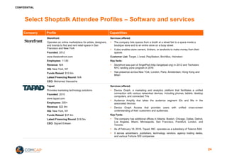 CONFIDENTIAL
Select Shoptalk Attendee Profiles – Software and services
Company Profile Capabilities
Storefront
Operates an online marketplace for artists, designers,
and brands to find and rent retail space in San
Francisco and New York
Founded: 2012
www.thestorefront.com
Employees: 11-50
Revenue: N/A
HQ: New York, NY
Funds Raised: $10.6m
Latest Financing Round: N/A
CEO: Mohamed Haouache
Services offered:
§ The company lists spaces from a booth at a street fair to a space inside a
boutique store and to an entire store on a busy street
§ It also enables store owners, brokers, or landlords to make money from their
spaces
Customer List: Target, L’oreal, PlayStation, BirchBox, Heineken
Key facts:
§ Storefront was part of AngelPad (http://angelpad.org) in 2012 and Techstars
NYC landing zone program in 2016
§ Has presence across New York, London, Paris, Amsterdam, Hong Kong and
Milan
Tapad
Provides marketing technology solutions
Founded: 2010
www.tapad.com
Employees: 200+
Revenue: $22.9m
HQ: New York, NY
Funds Raised: $37.4m
Latest Financing Round: $18.5m
CEO: Sigvart Eriksen
Services offered:
§ Device Graph, a marketing and analytics platform that facilitates a unified
connection with various networked devices, including phones, tablets, desktop
computers, and connected TVs
§ Audience Amplify that takes the audience segment IDs and fills in the
associated devices
§ Device Graph Access that provides users with unified cross-screen
understanding of their customers and audiences.
Key Facts:
§ The company has additional offices in Atlanta, Boston, Chicago, Dallas, Detroit,
Los Angeles, Miami, Minneapolis, San Francisco, Frankfurt, London, and
Toronto.
§ As of February 18, 2016, Tapad, INC. operates as a subsidiary of Telenor ASA
§ It serves advertisers, publishers, technology vendors, agency trading desks,
and various Fortune 500 companies
24
 