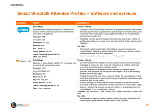 CONFIDENTIAL
Select Shoptalk Attendee Profiles – Software and services
Company Profile Capabilities
Vibes Media
Provides mobile marketing solutions to retailers and
brands, carriers and telco, sports and entertainment,
and media and publishers
Founded: 1998
www.vibes.com
Employees: 51-200
Revenue: N/A
HQ: Chicago, IL
Funds Raised: $60.0m
Latest Financing Round: $45.0m
CEO: Jack Philbin
Services offered:
§ Catapult, a cloud-based mobile relationship management platform that enables
marketers to drive revenue growth and loyalty through text, mobile wallet, push,
and mobile Web marketing leveraging Apple’s Passbook and Google Wallet,
and post-click engagement
§ WalletAds, a mobile ad technology that allows consumers to tap a mobile ad,
and then save offers and special event reminders directly to their phones using
Passbook
Key facts:
§ The company’s services include mobile strategy, account management,
implementation, integration, advanced analytics, training and support, custom
mobile experiences, and SMS aggregation
§ Vibes Media, LLC was formerly known as Phi-Cam, LLC
WebCollage
Operates a cloud-based platform for managing and
publishing rich product information
Founded: 1999
www.webcollage.com
Employees: 50
Revenue: $5.9m
HQ: New York, NY
Funds Raised: $35.7m
Latest Financing Round: $1.0m
CEO: John Federman
Services offered:
§ Content Publisher that enables to communicate consistent brand and product
messaging to consumers who crave rich content across multiple retailers at
once while optimizing various marketing assets
§ Shopper Answers that enables to publish answers to frequently asked
questions from shoppers, as well as place own helpful FAQs on participating
retailers’ product detail page
§ Product Selectors that help online shoppers choose the product based on their
needs and preferences by asking them a series of questions designed to match
products to their unique needs
§ Shopper Ratings that allows users to collect, moderate, and publish product
level rating and review content from verified customers on product detail pages
§ Mosaic, a solution that enables brands and retailers to strategically place rich
product assets in key product page positions
Customer List: Samsung, L'Oreal, Toshiba, P&G, Philips, Microsoft, CHANEL and
more
Key facts:
§ Webcollage has been the industry leader in real-time content syndication and
publishing and global detailed shopper data for over 10 years.
29
 