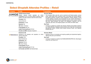 CONFIDENTIAL
Select Shoptalk Attendee Profiles – Retail
Company Profile Capabilities
Kollwitz Internet GmbH
Kollwitz Internet GmbH operates an online
marketplace for art on prints, fashion products, home
textiles, and other products under the brand Juniqe.
Founded: 2014
www.juniqe.com
Employees: 51-200
Revenue: NA
HQ: Berlin, Germany
Funds Raised: $21.4m
Latest Financing Round: $15.8m
Founder and MD: Sebastian Hasebrink
Services offered:
§ The company offers wall arts, such as premium and framed posters, canvas
prints, acrylic glass prints, aluminum prints, and limited and framed editions;
and fashion products, including T-shirts, sweatshirts, hoodies, leggings, V-neck
T-shirts, tanktops, jumpsuits, and accessories for men, women, and babies. It
also provides living room products comprising cushion covers, shower curtains,
bed linen, fleece blankets, tea towels, and wallpapers; stationery, such as
notebooks, gift cards, and wrapping papers; and mobile and tablet cases.
Key Facts:
§ Company is backed by investors like German Startups Group Berlin GmbH &
Co. KGaA (DB:GSJ), Redalpine Venture Partners AG, High-Tech Gründerfonds
Management GmbH, Vorwerk Direct Selling Ventures GmbH, and Highland
Europe (UK) LLP
Kolonial.no AS
Kolonial.no AS develops and operates an online
grocery sale portal.
Founded: 2013
https://kolonial.no/
Employees: 445
Revenue: $74.5m
HQ: Oslo, Norway
Funds Raised: $43.8m
Latest Financing Round: $11.8m
Co-Founder and CEO: Karl Munthe-Kaas
Services offered:
§ Kolonial.no focus on innovative and inspiring usability and streamlined logistics,
offering both pick-up and delivery..
Key Facts:
§ Company is backed by investors like RASMUSSENGRUPPEN AS, Stenshagen
Invest AS, and Pactum AS
34
 