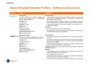 CONFIDENTIAL
Select Shoptalk Attendee Profiles – Software and services
Company Profile Capabilities
adjust GmbH
A mobile attribution and analytics company that
provides app marketers with a comprehensive
business intelligence platform
Founded: 2012
www.adjust.com
Employees: 51-200
Revenue: N/A
HQ: Berlin, Germany
Funds Raised: $28.9m
Latest Financing Round: $17.0m
CEO: Christian Henschel
Services offered:
§ It offers mobile application tracking and attribution solutions, and post-install
KPI analytics for advertisers, agencies, and publishers to understand and
optimize their mobile campaigns.
§ The company’s platform combines attribution for advertising sources with
advanced analytics and store statistics, such as rankings, ratings, and reviews
§ It also offers marketing tools that include fallback and reattribution for re-
engagement campaigns
Key Facts:
§ Has an additional office in London, United Kingdom
§ The company offer services to advertising and media agencies in Brazil, China,
the United States, Europe, and internationally
Appear Here Limited
Operates as an online marketplace to list, discover,
and book short-term retail spaces for popup shops
Founded: 2011
www.appearhere.co.uk
Employees: 11-50
Revenue: N/A
HQ: London, UK
Funds Raised: $21.4m
Latest Financing Round: $12.0m
CEO: Ross, Bailey
Services offered:
§ The company lists space in top retail destinations, including London, Paris and
New York
§ It is building a global network of the best retail spaces and working exclusively
with some of the biggest landlords in the world including Land Securities,
Hammerson and Westfield
§ In 2015, Appear Here launched In Residence: a collection of spaces inside
some of the world’s best boutiques, hotels and gyms
Customers List: Microsoft, Sony, Google, Marc Jacobs, Moleskin, Jamie Oliver
and American Apparel
Key facts:
§ It was officially launched in February 2013 and has grown to become the
leading marketplace to rent short-term space
§ Has an additional office in New York
§ Over 70,000 industry leading brands, designers and creative entrepreneurs are
using Appear Here to find and book retail space
§ In the last 12 months, Appear Here launched over 3,000 stores in London alone
7
 