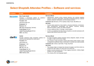 CONFIDENTIAL
Select Shoptalk Attendee Profiles – Software and services
Company Profile Capabilities
Blue Yonder GmbH
Develops a cloud-based platform for predictive
applications and automated decision-making
Founded: 2008
www.blue-yonder.com
Employees: 90
Revenue: N/A
HQ: Baden-Württemberg, Germany
Funds Raised: $75.0m
Latest Financing Round: $75.0m
CEO: Uwe Weiss
Services offered:
§ replenishment, dynamic pricing, demand planning, and customer targeting
solutions; and returns optimization, automated merchandise planning, customer
analysis, predictive maintenance, and risk analysis solutions
Customers List: Morrisons, OTTO, Kaufland, Natsu Foods, SELGROS, dm
Key facts:
§ It serves retail customers in food, fashion, consumer electronics, e-commerce,
retail, manufacturing, transportation and logistics, insurance, banking,
telecommunications, media, and utilities industries
§ It has an additional office in Uxbridge, United Kingdom
§ In 2014, we established the Data Science Academy to provide businesses with
relevant data science know-how for retail
Clarifai
Provides advanced image recognition systems for
detecting near-duplicates and visual search
Founded: 2013
www.clarifai.com
Employees: 11-50
Revenue: N/A
HQ: New York, NY
Funds Raised: $41.4m
Latest Financing Round: $30.0m
CEO: Matthew Zeiler
Services offered:
§ Its image recognition systems recognize various categories, objects, and tags
in images, as well as find similar images
§ The company’s image recognition systems allow finding similar images in large
uncategorized repositories using a combination of semantic and visual similarity
Customers List: Unilever, OpenTable, Trivago, BuzzFeed
Key Facts:
§ The company helps to increase the chances for people to sell their photos by
surfacing the right image to the right buyer at the right time
§ Clarifai is now the absolute core of Foap’s tagging mechanism, making images
findable in the Foap marketplace
§ The company offer multi-language support
9
 
