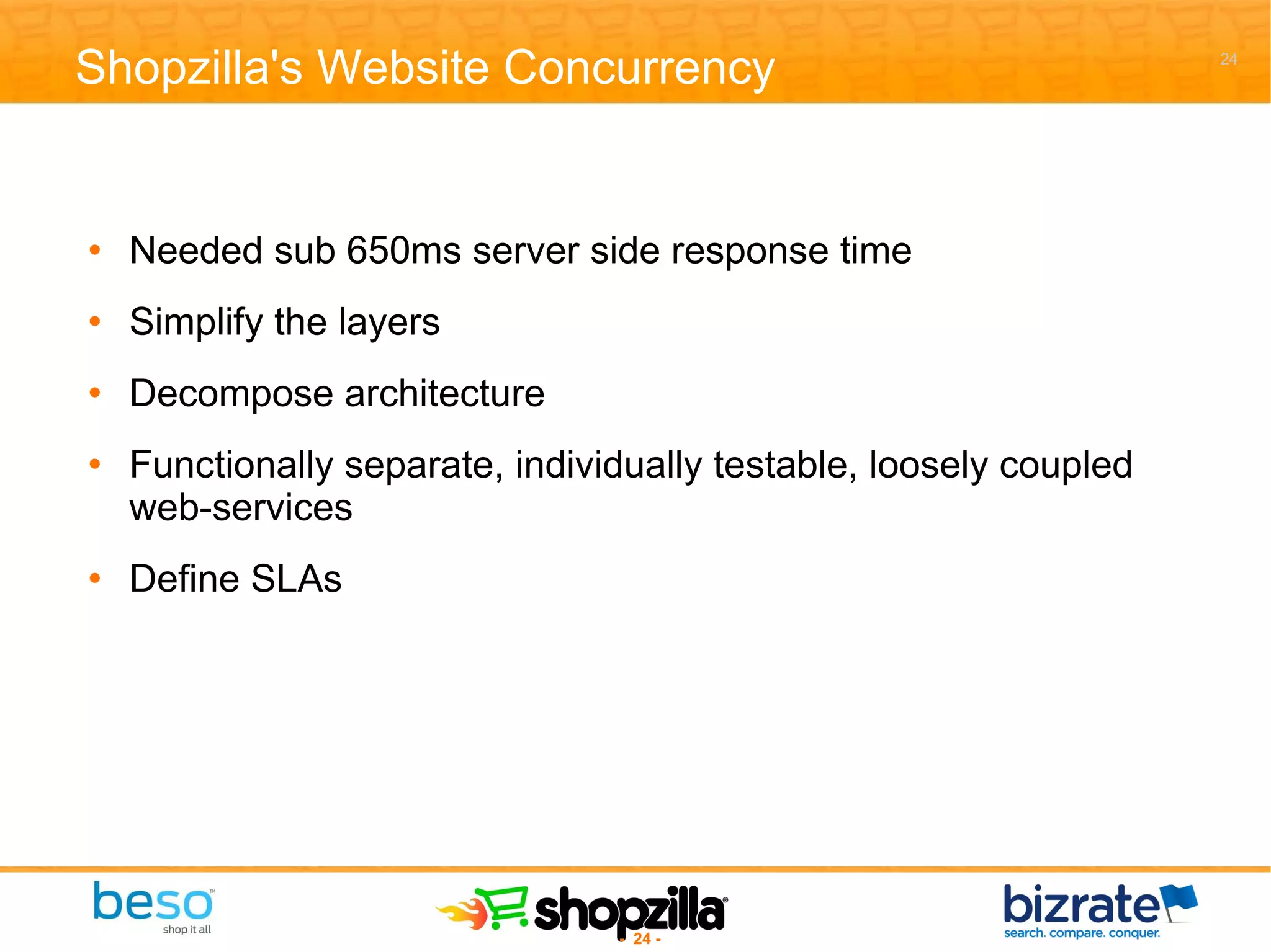 Shopzilla's Website Concurrency Needed sub 650ms server side response time Simplify the layers Decompose architecture Functionally separate, individually testable, loosely coupled web-services Define SLAs 