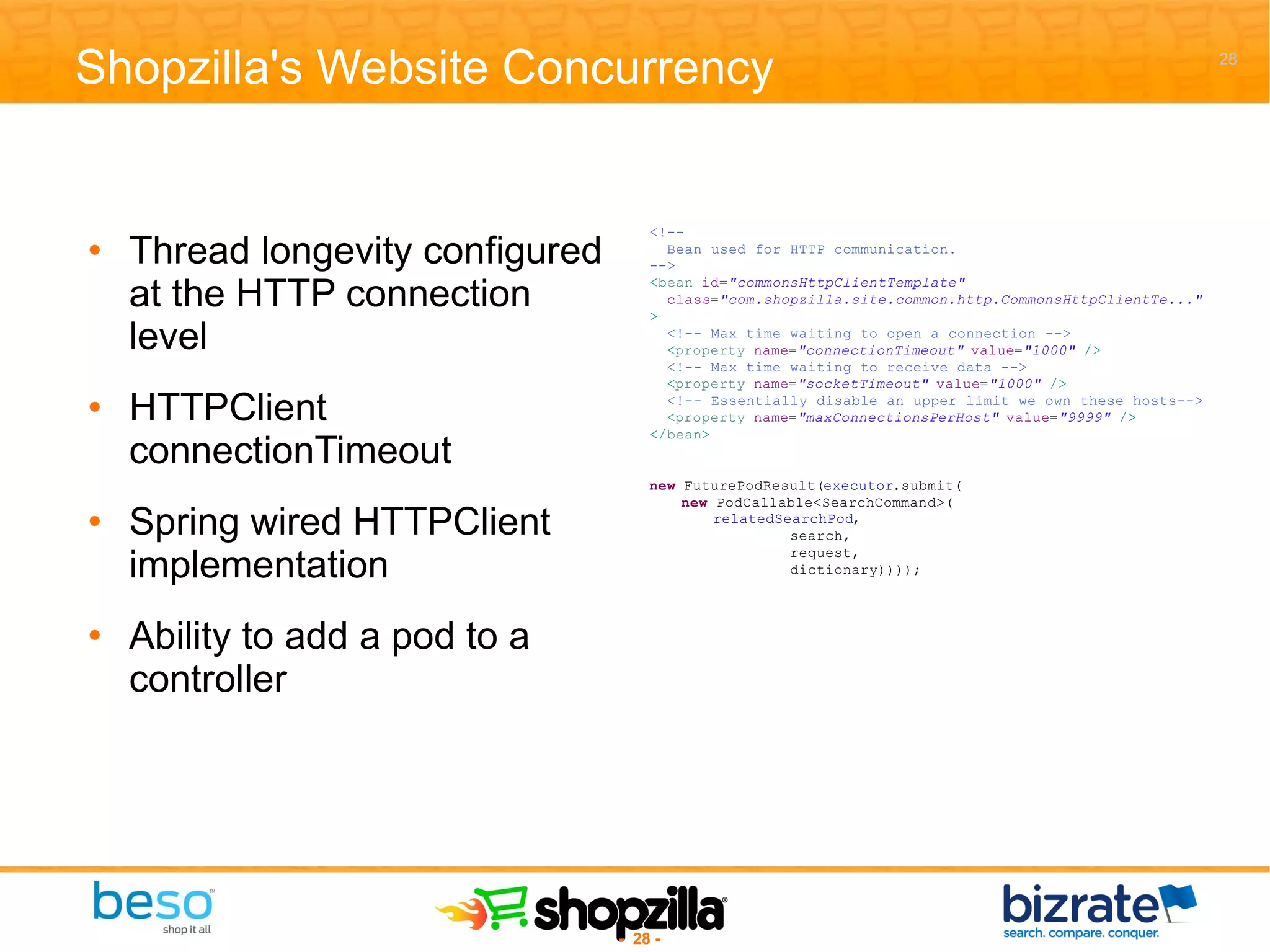 Shopzilla's Website Concurrency Thread longevity configured at the HTTP connection level HTTPClient connectionTimeout Spring wired HTTPClient implementation Ability to add a pod to a controller 