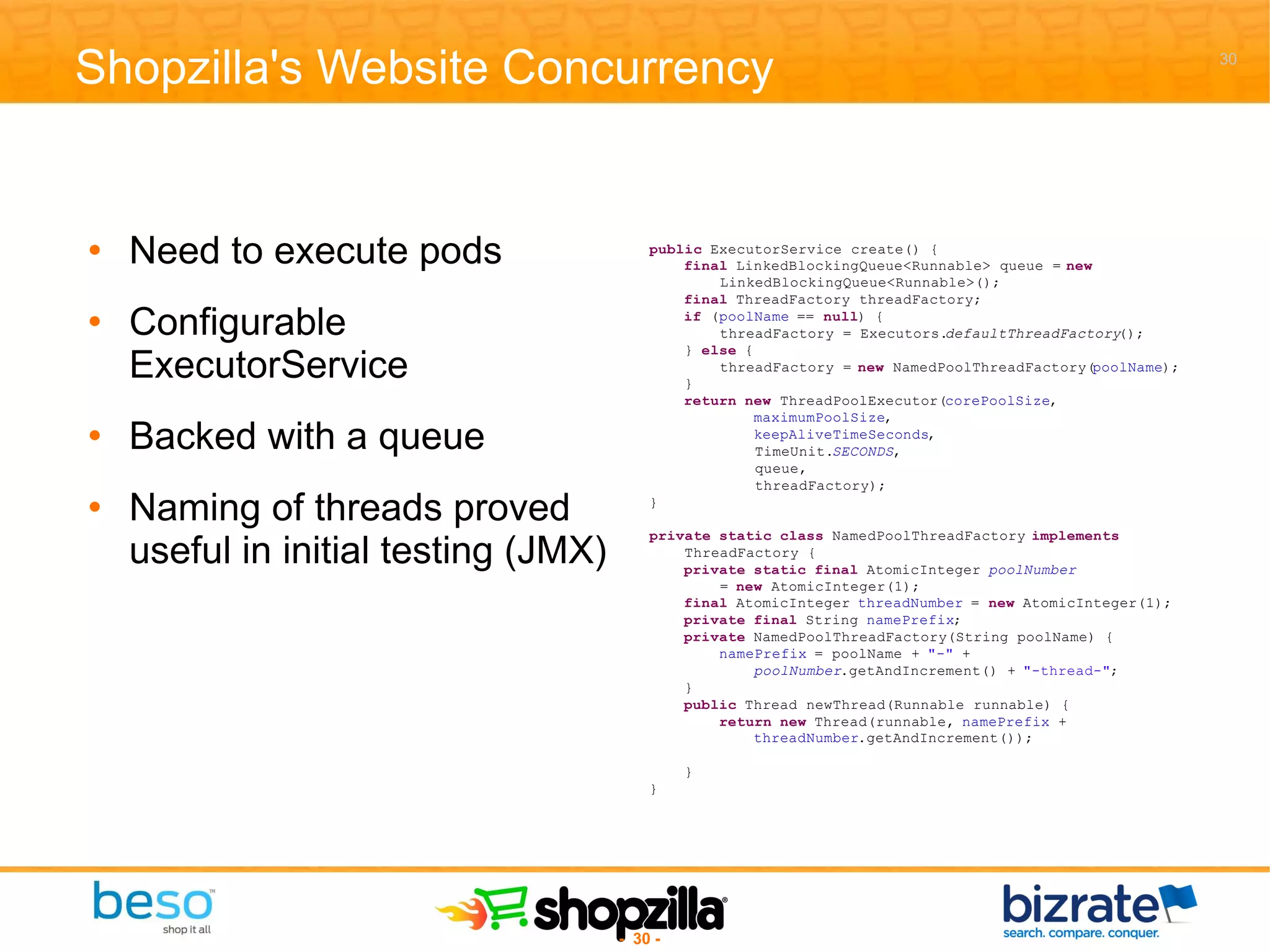Shopzilla's Website Concurrency Need to execute pods Configurable ExecutorService Backed with a queue Naming of threads proved useful in initial testing (JMX) 