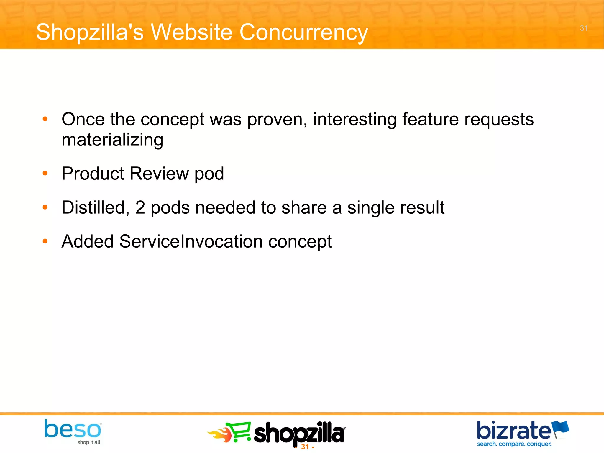 Shopzilla's Website Concurrency Once the concept was proven, interesting feature requests materializing Product Review pod Distilled, 2 pods needed to share a single result Added ServiceInvocation concept 