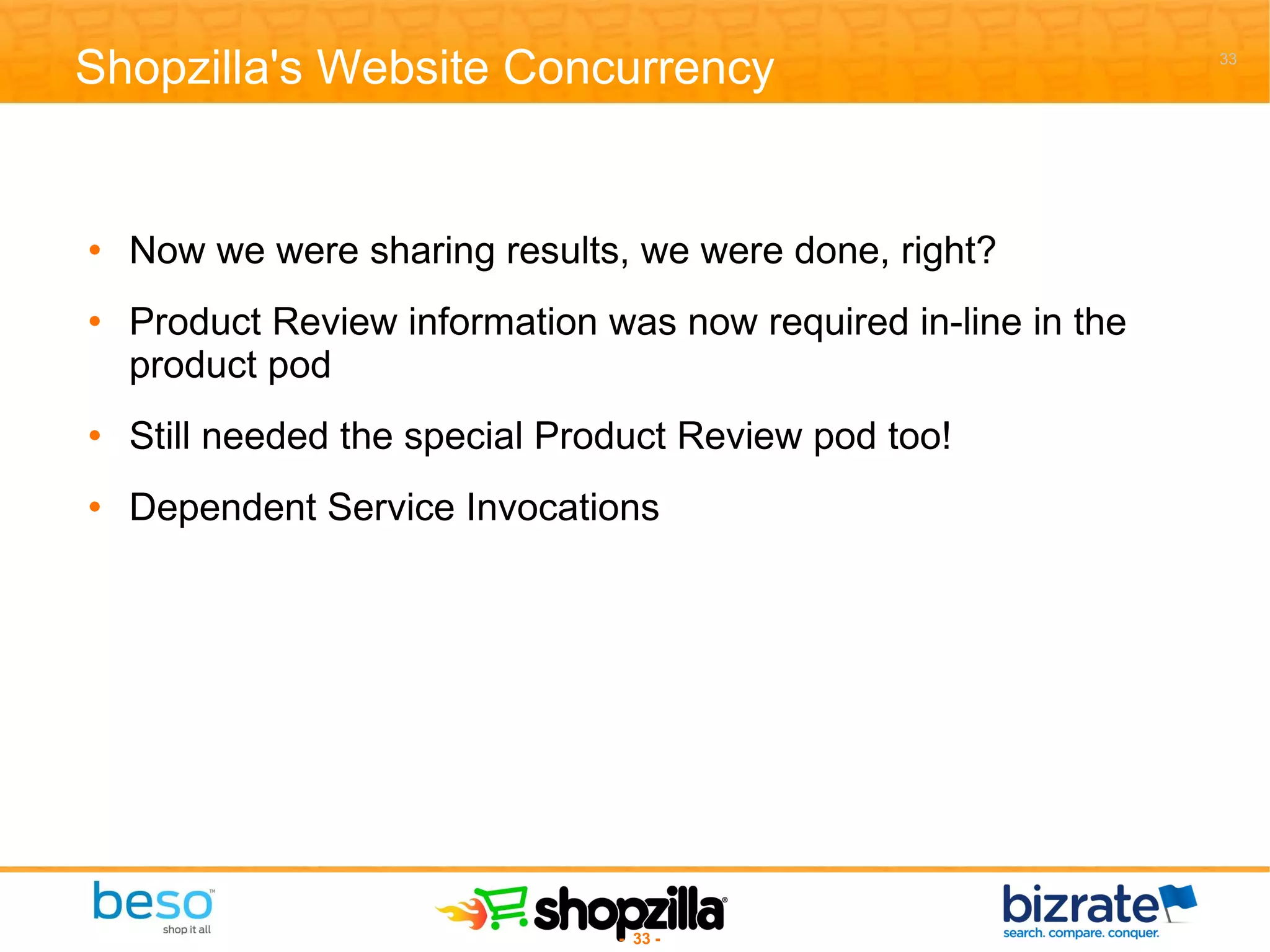 Shopzilla's Website Concurrency Now we were sharing results, we were done, right? Product Review information was now required in-line in the product pod Still needed the special Product Review pod too! Dependent Service Invocations 