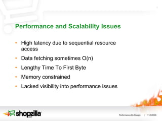Performance and Scalability Issues High latency due to sequential resource access Data fetching sometimes O(n) Lengthy Time To First Byte Memory constrained Lacked visibility into performance issues 