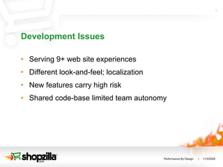 Development Issues Serving 9+ web site experiences Different look-and-feel; localization New features carry high risk Shared code-base limited team autonomy 