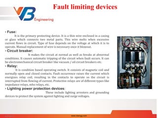 Fault limiting devices
• Fuse:
It is the primary protecting device. It is a thin wire enclosed in a casing
or glass which connects two metal parts. This wire melts when excessive
current flows in circuit. Type of fuse depends on the voltage at which it is to
operate. Manual replacement of wire is necessary once it blowout.
• Circuit breaker:
It makes the circuit at normal as well as breaks at abnormal
conditions. It causes automatic tripping of the circuit when fault occurs. It can
be electromechanical circuit breaker like vacuum / oil circuit breakers etc.
• Relay:
It is condition based operating switch. It consists of magnetic coil and
normally open and closed contacts. Fault occurrence raises the current which
energizes relay coil, resulting in the contacts to operate so the circuit is
interrupted from flowing of current. Protective relays are of different types like
impedance relays, mho relays, etc.
• Lighting power protection devices:
These include lighting arrestors and grounding
devices to protect the system against lighting and surge voltages.
6/27/2017 www.vbengg.com 7
 