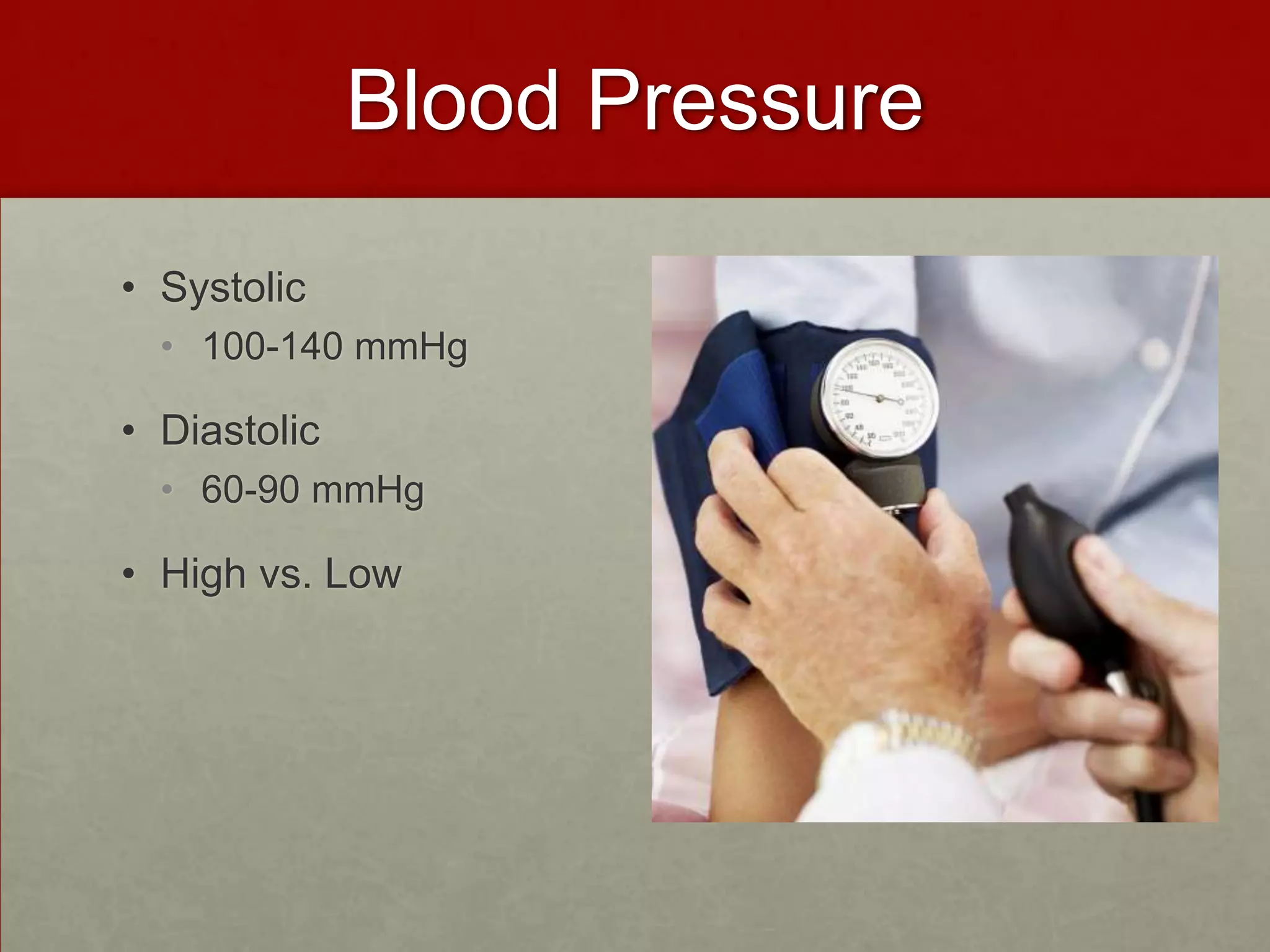 Blood PressureSystolic100-140 mmHgDiastolic60-90 mmHgHigh vs. Low